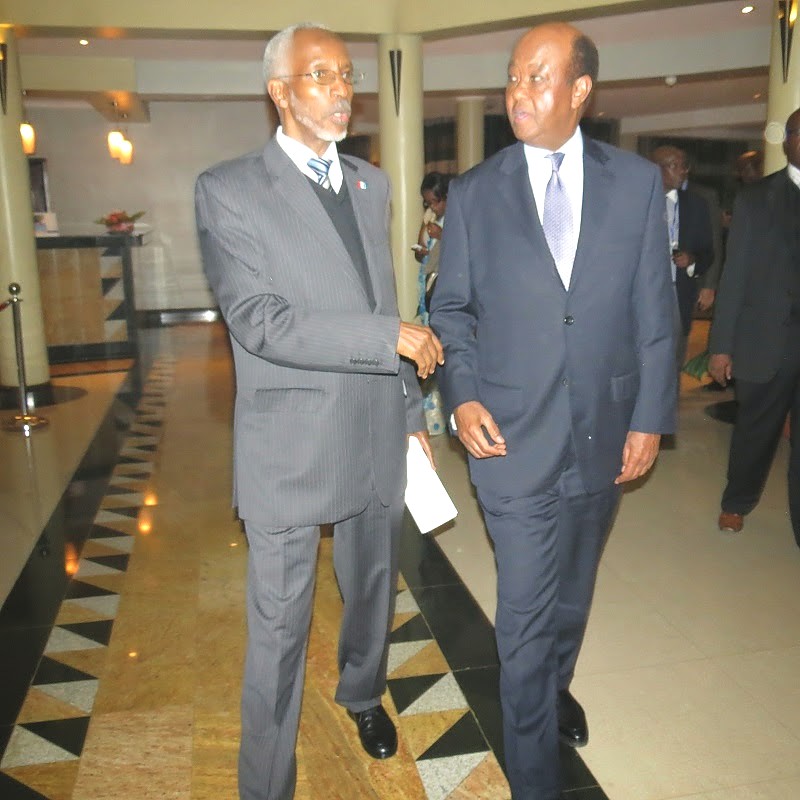 Katibu Mkuu wa CCM Abdulrahman Kinana, akiwa na mwenyeji wake Katibu Mkuu wa Chama Cha RPF-INKOTANYI, Francois Ngarambe baada ya kuwasili mjini Kigali, Rwanda kwenye tafrija ya viongozi wa vyama tawala barani Afrka. Katibu Mkuu wa CCM Abdulrahma